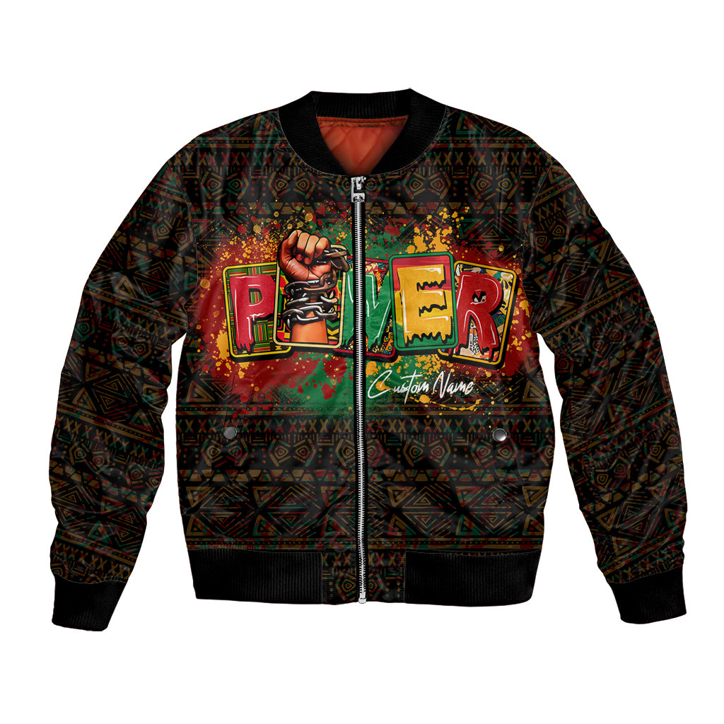 Black bomber jacket with full-zip front and colorful African Power graphic on chest