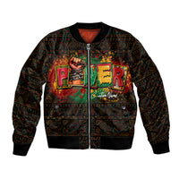 Black bomber jacket with full-zip front and colorful African Power graphic on chest