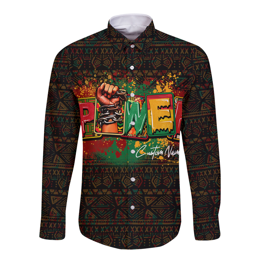 Unisex black long-sleeve button shirt with colorful African front graphic