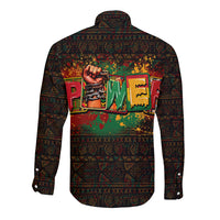 Unisex black long-sleeve button shirt with colorful African back graphic