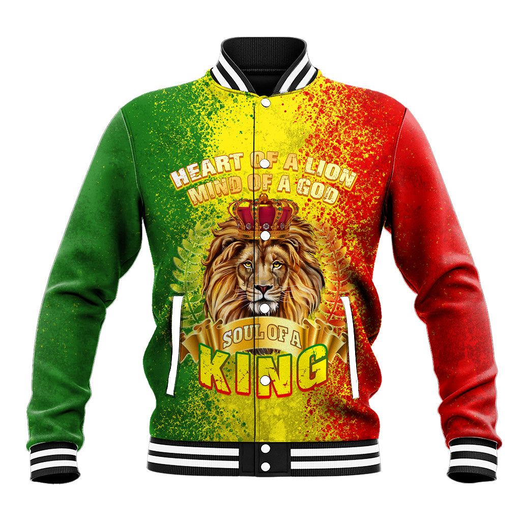 Unisex baseball jacket with striped ribbed collar and front lion graphic in multicolor