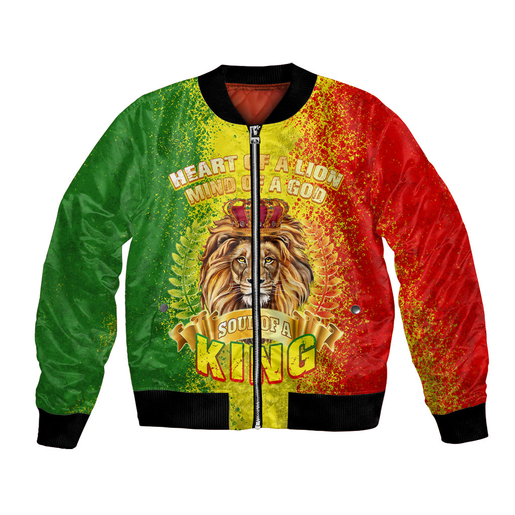 Unisex bomber jacket, green and red with lion-crown front graphic and zipper.