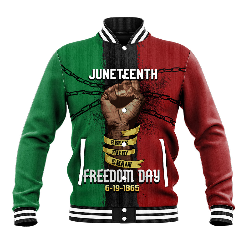 Unisex baseball jacket in green and red with black striped rib collar and front snaps