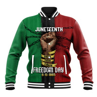Unisex baseball jacket in green and red with black striped rib collar and front snaps