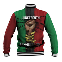 Unisex baseball jacket green and red with black striped rib collar, back graphic and snaps