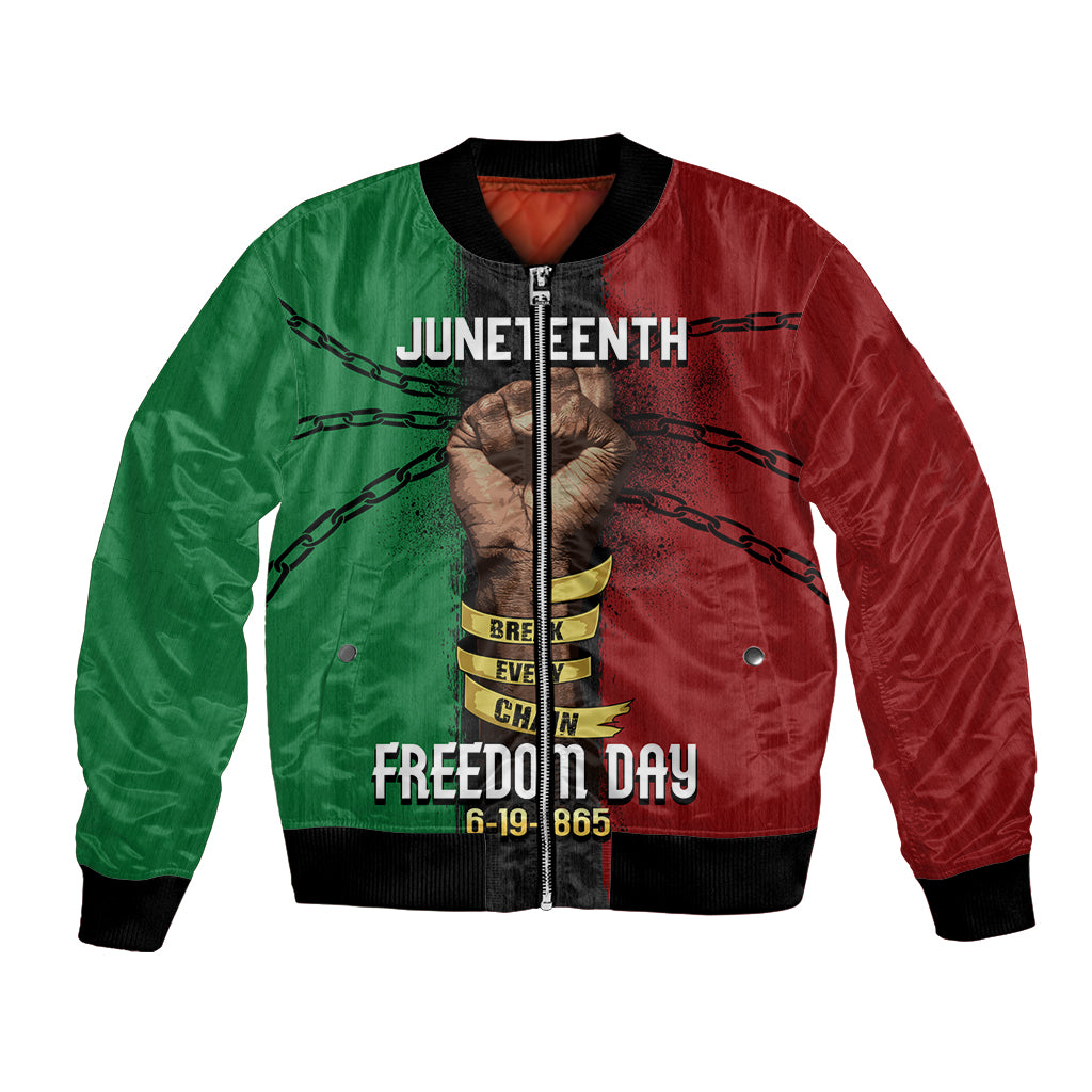 Unisex bomber jacket with red/green panels, chain graphic, Juneteenth text on front
