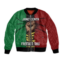 Unisex bomber jacket with red/green panels, chain graphic, Juneteenth text on front