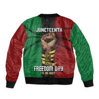 Unisex bomber jacket with red/green panels, chain and fist graphic, Freedom Day text