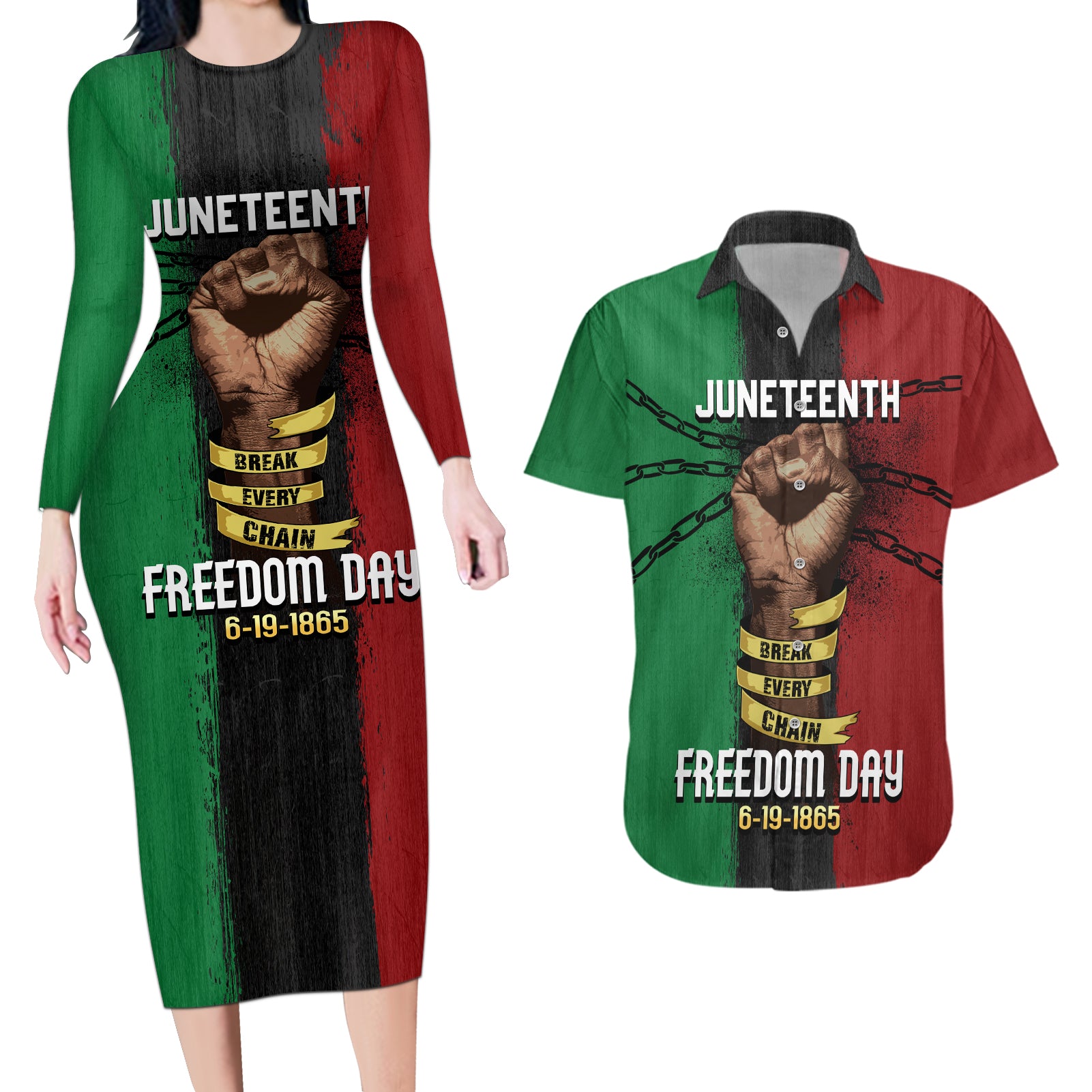 Juneteenth Freedom Day Couples Matching Long Sleeve Bodycon Dress and Hawaiian Shirt Black Pride Month - Wonder Print Shop