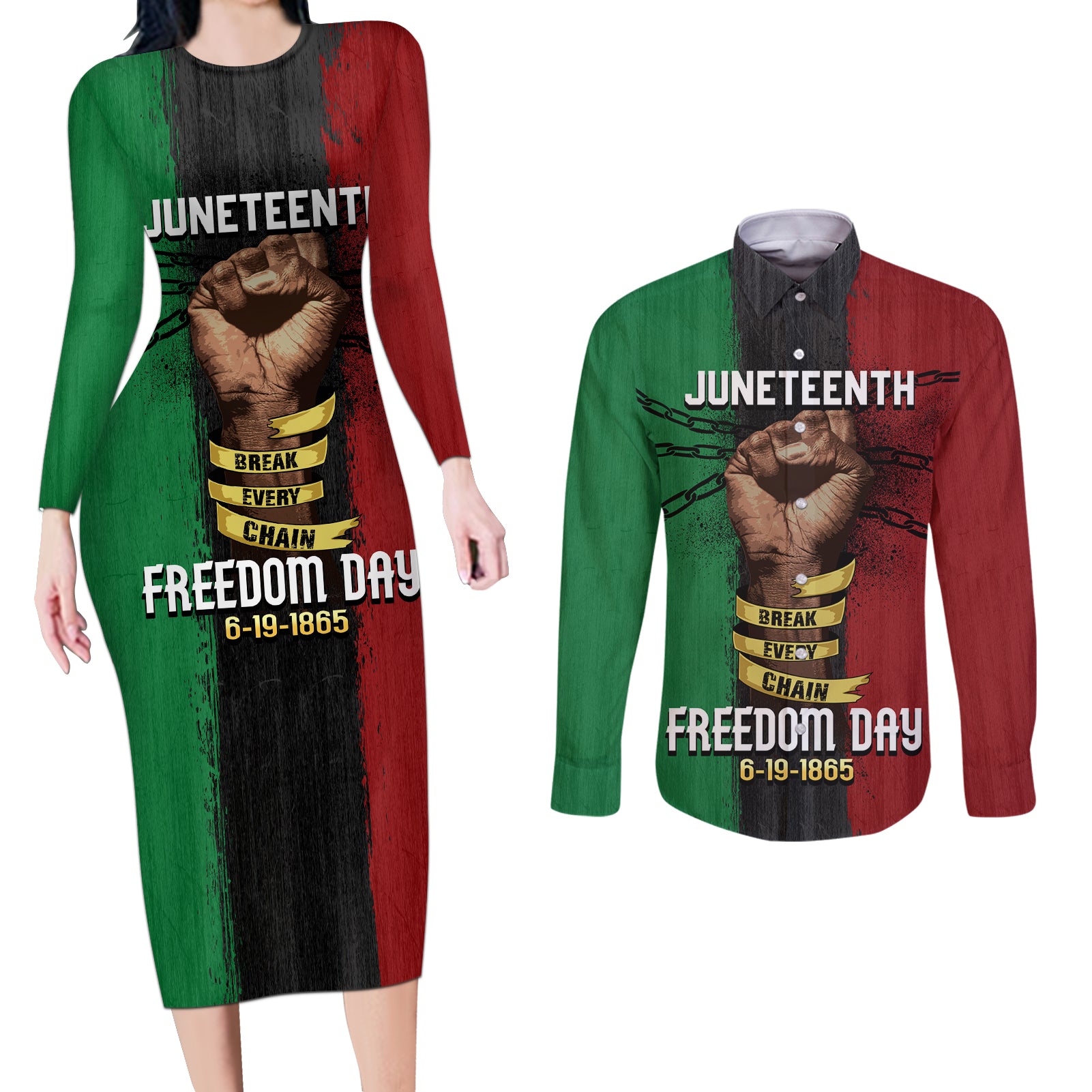 Juneteenth Freedom Day Couples Matching Long Sleeve Bodycon Dress and Long Sleeve Button Shirt Black Pride Month - Wonder Print Shop