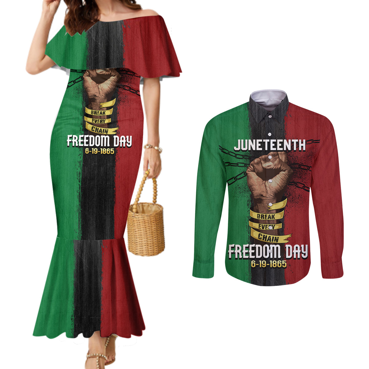 Juneteenth Freedom Day Couples Matching Mermaid Dress and Long Sleeve Button Shirt Black Pride Month