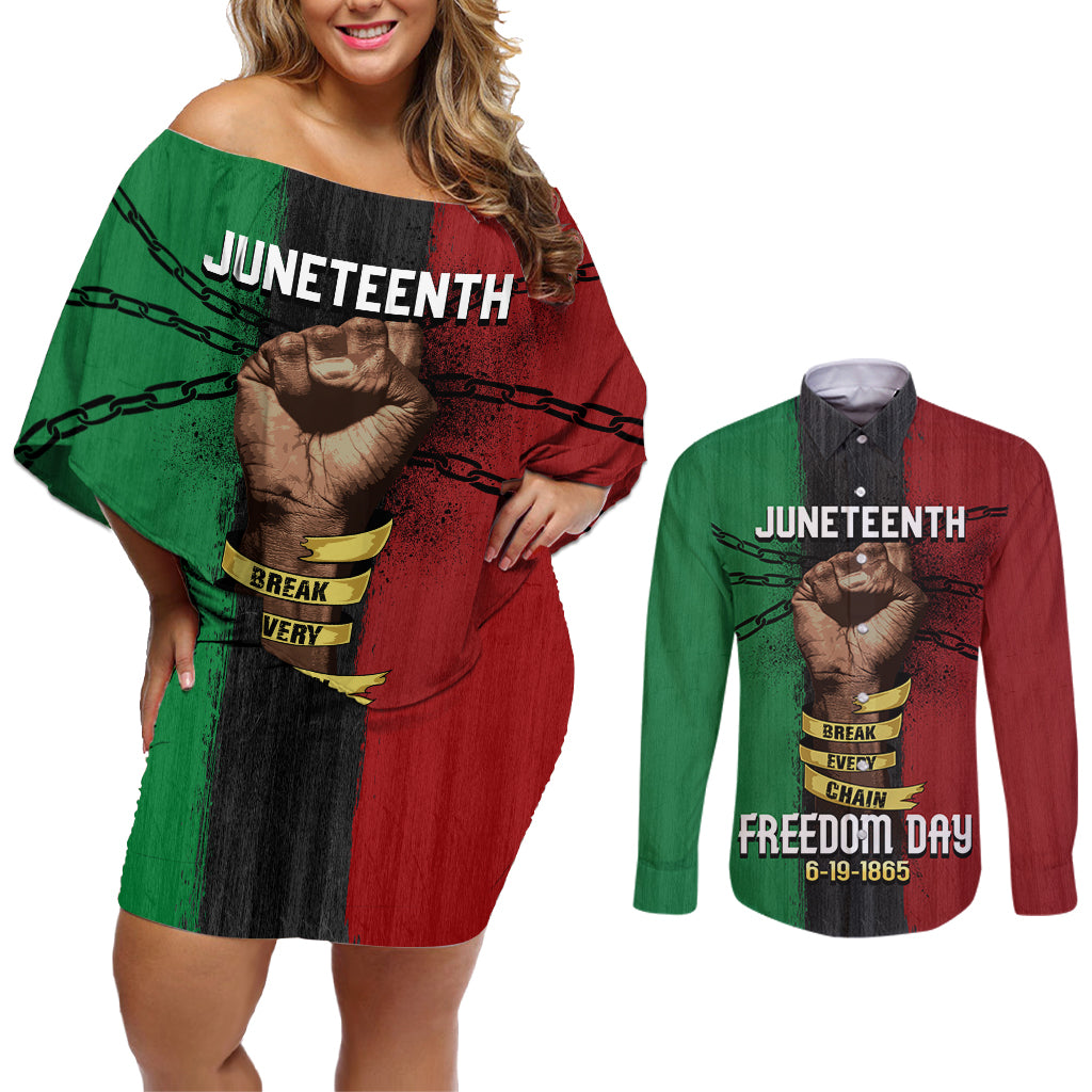 Juneteenth Freedom Day Couples Matching Off Shoulder Short Dress and Long Sleeve Button Shirt Black Pride Month - Wonder Print Shop