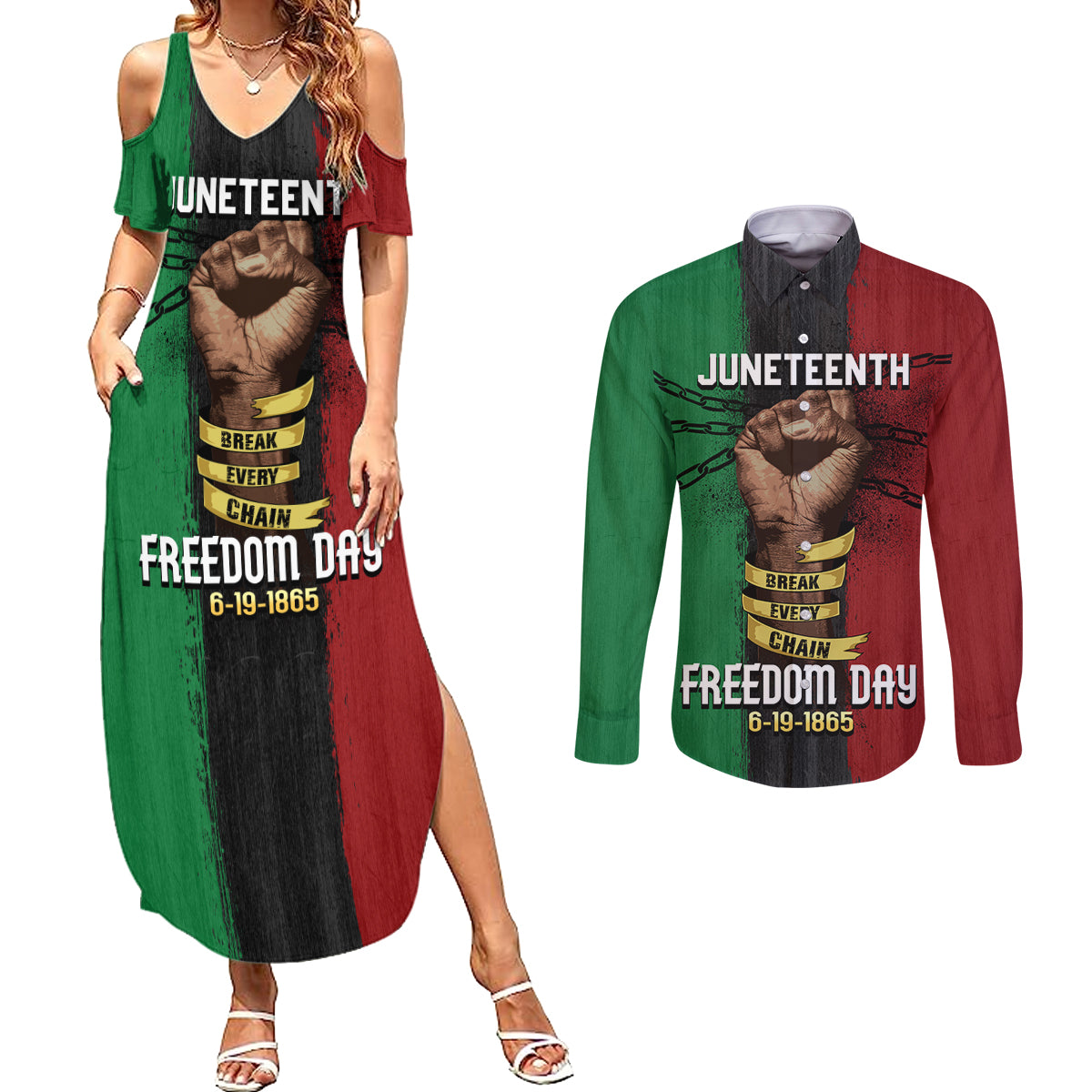 Juneteenth Freedom Day Couples Matching Summer Maxi Dress and Long Sleeve Button Shirt Black Pride Month - Wonder Print Shop