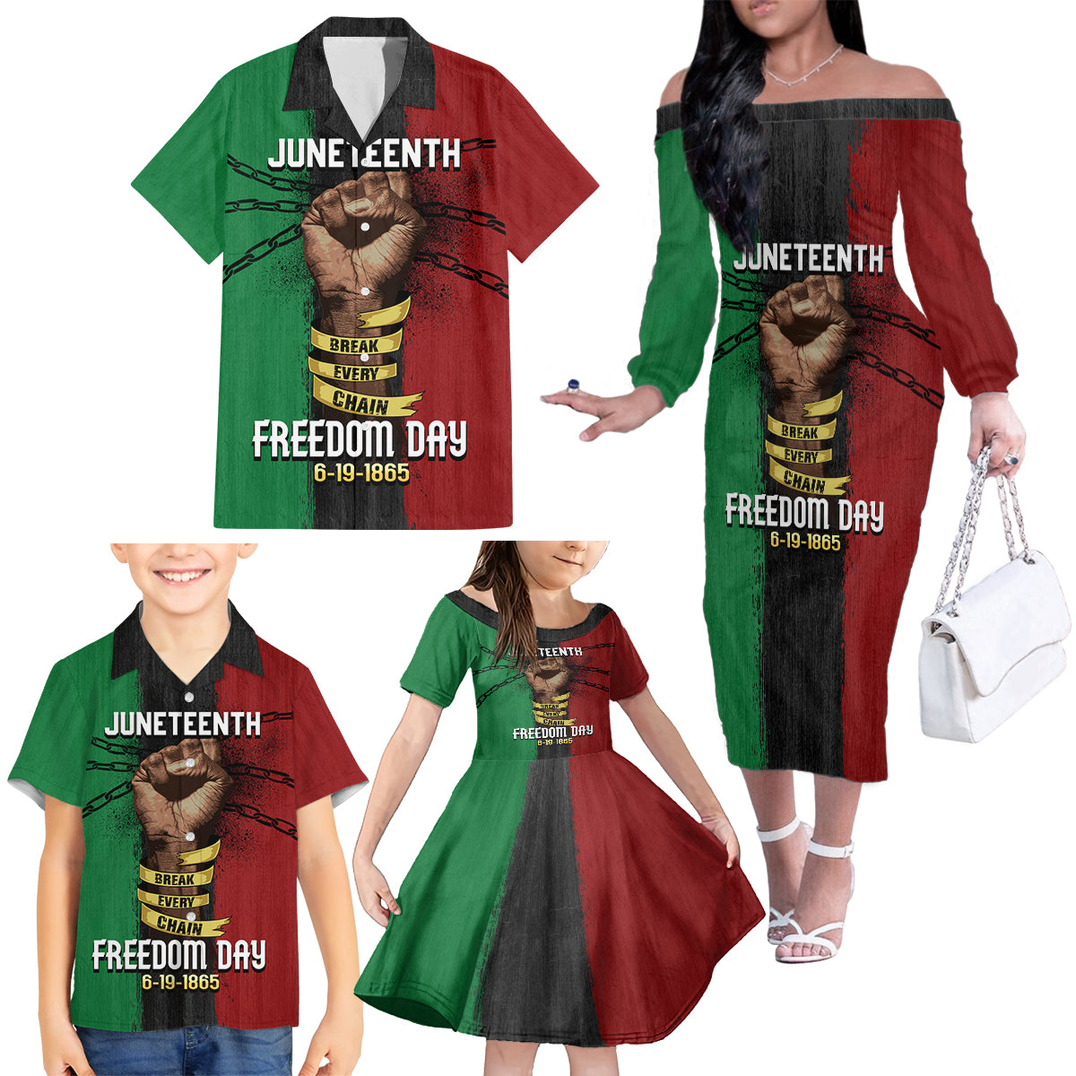 Juneteenth Freedom Day Family Matching Off Shoulder Long Sleeve Dress and Hawaiian Shirt Black Pride Month - Wonder Print Shop