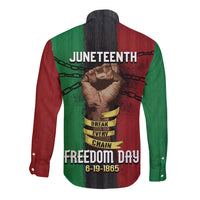 Long-sleeve button shirt with Juneteenth back graphic, green/red panel design
