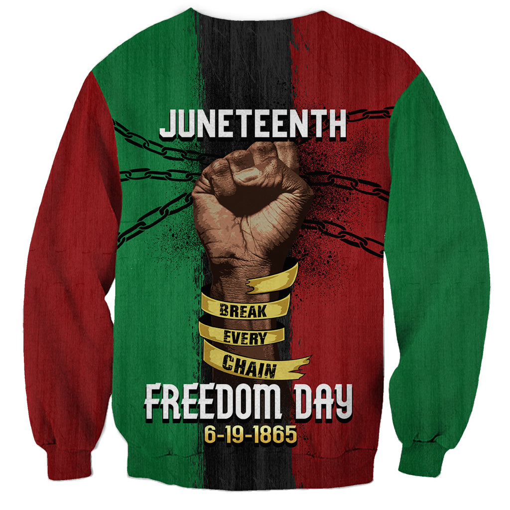 Unisex back sweatshirt with Juneteenth graphic: fist, chains, Freedom Day text on green/red tie-dye