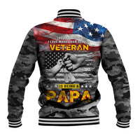 Black baseball jacket with back veteran graphic, patriotic fist artwork, camo sleeves