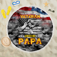 Round beach blanket with fringe, American flag and veteran Papa graphic in gray camouflage