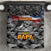 Veteran camo bedding set with American flag, hands graphic, and “Veteran Papa” print