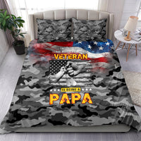 Veteran camo duvet bedding set with American flag graphic and “Veteran Papa” text