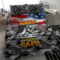 Veteran camo bedding set featuring American flag design and “Veteran Papa” lettering
