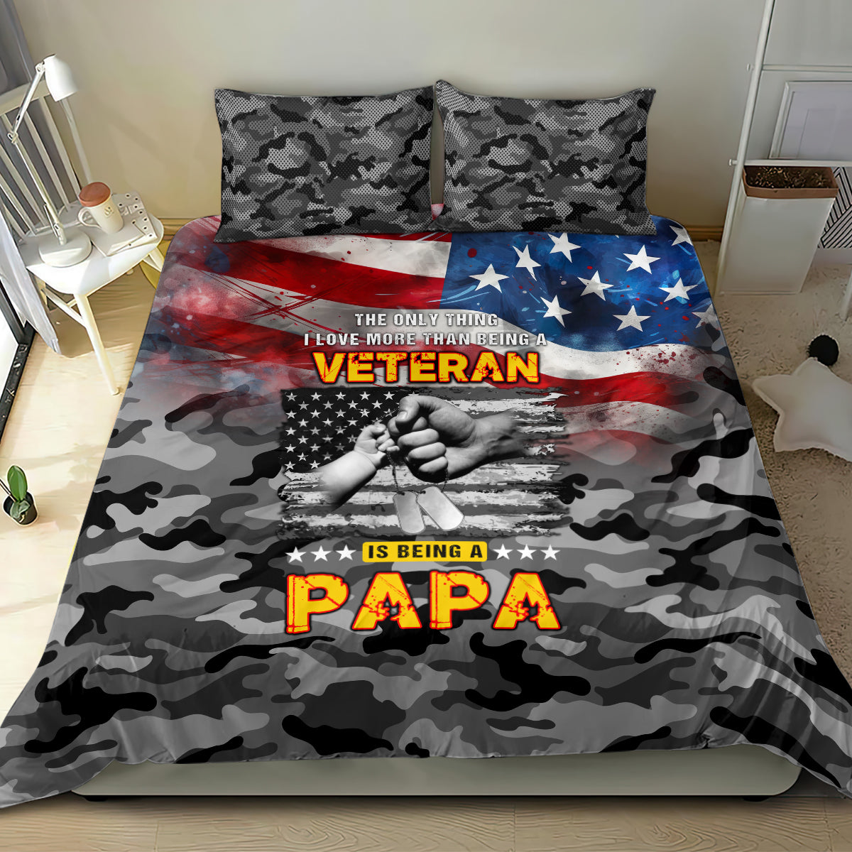 Veteran camo bedding set with American flag graphic and “Veteran Papa” print on duvet