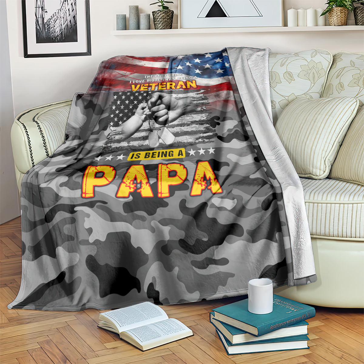 Veteran camo blanket with American flag, 'Papa' text and hands graphic, dark gray/black