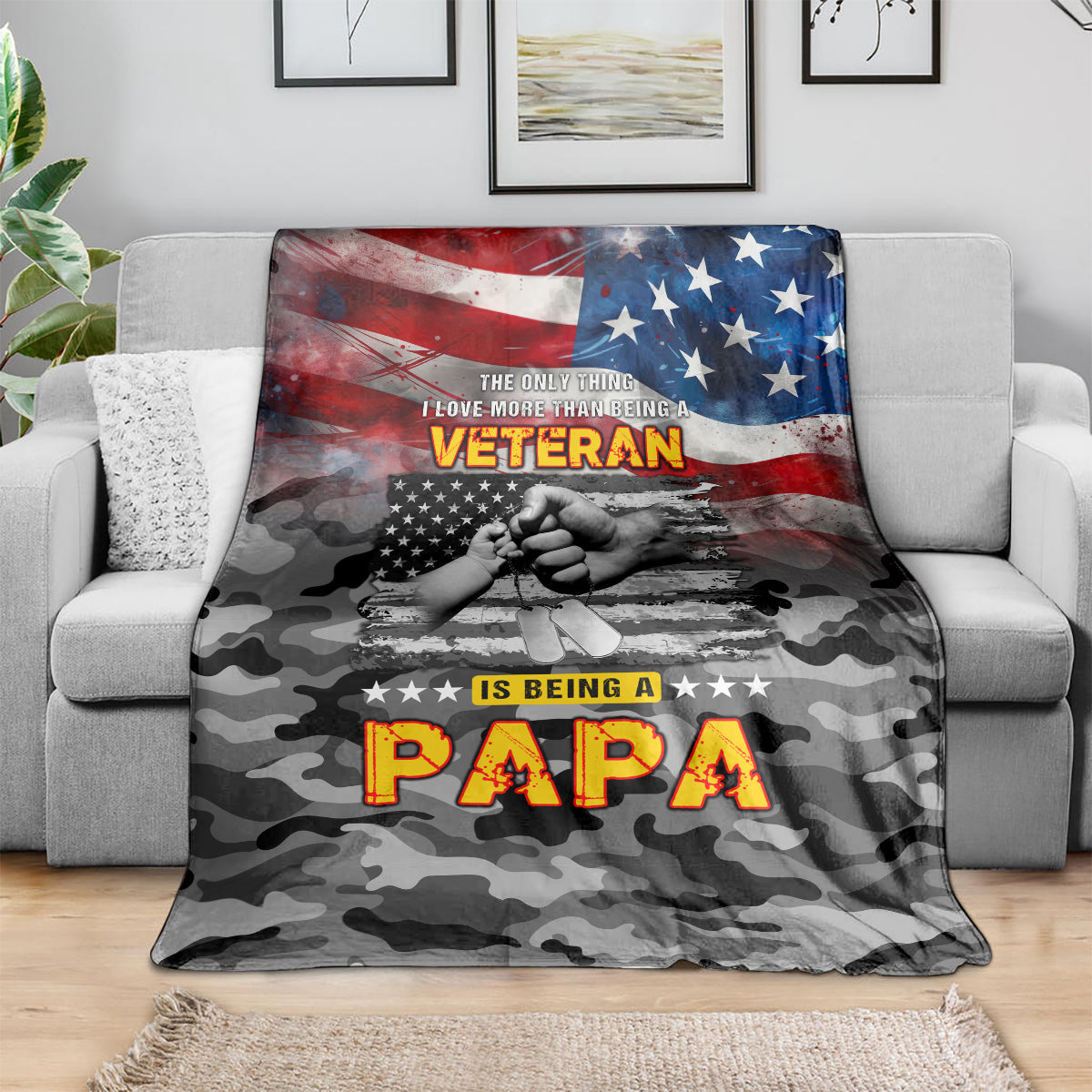 Camo veteran blanket with American flag and 'Papa' graphic, dark gray/black with red blue