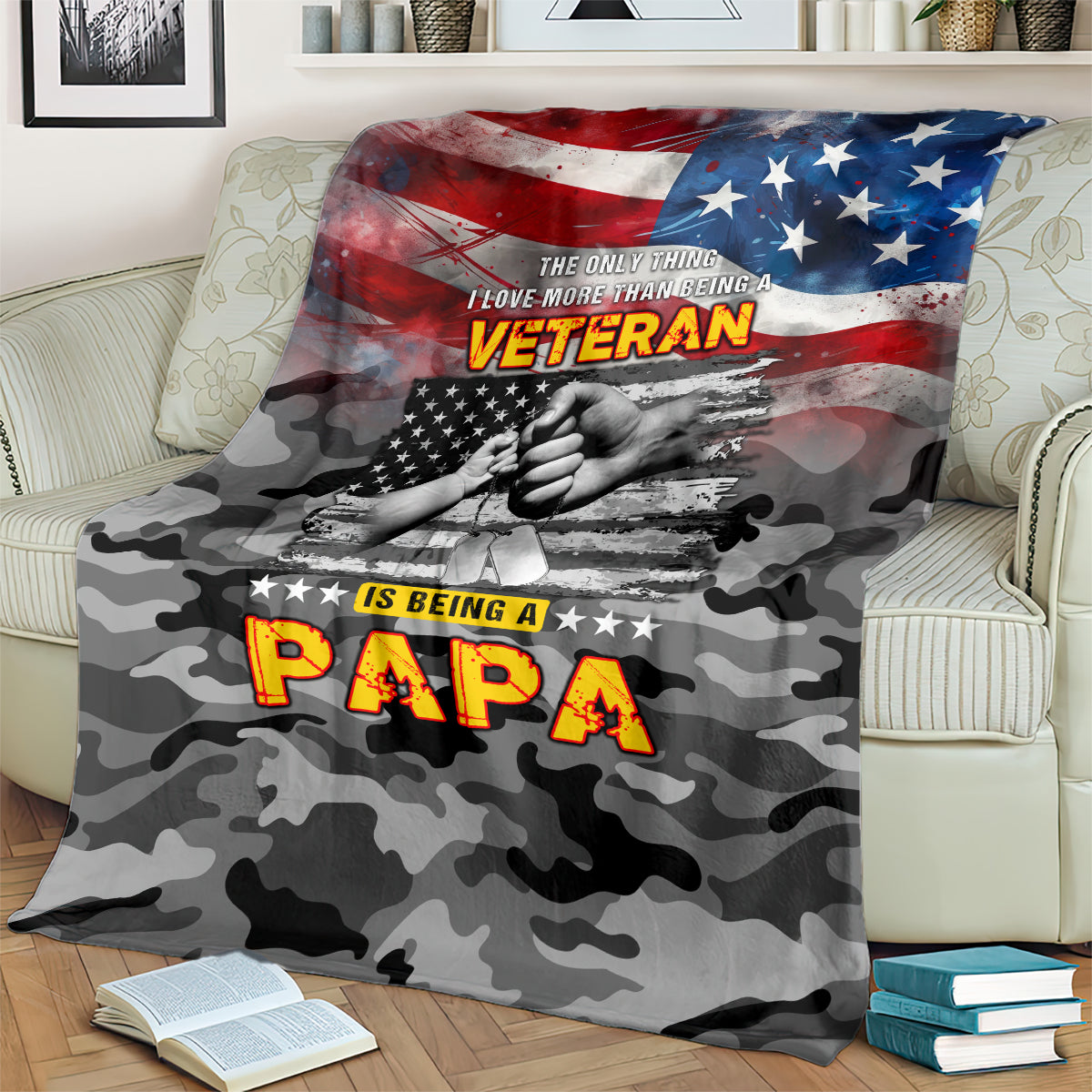 American flag veteran camo blanket with 'Papa' and hands graphic, dark gray with red blue