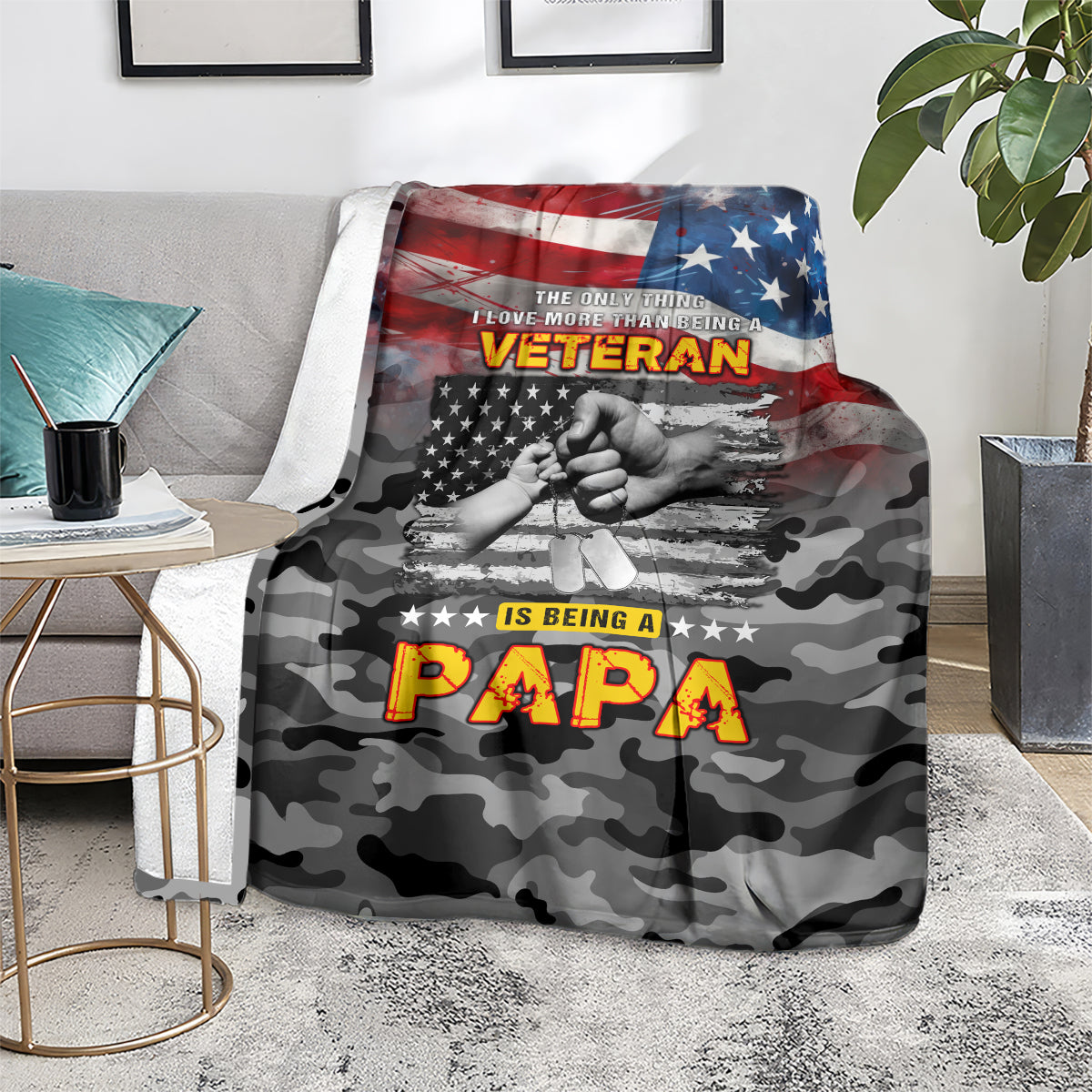 Veteran camo blanket with American flag, 'Papa' lettering and hands graphic, dark gray