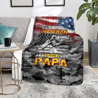 Veteran camo blanket with American flag, 'Papa' lettering and hands graphic, dark gray
