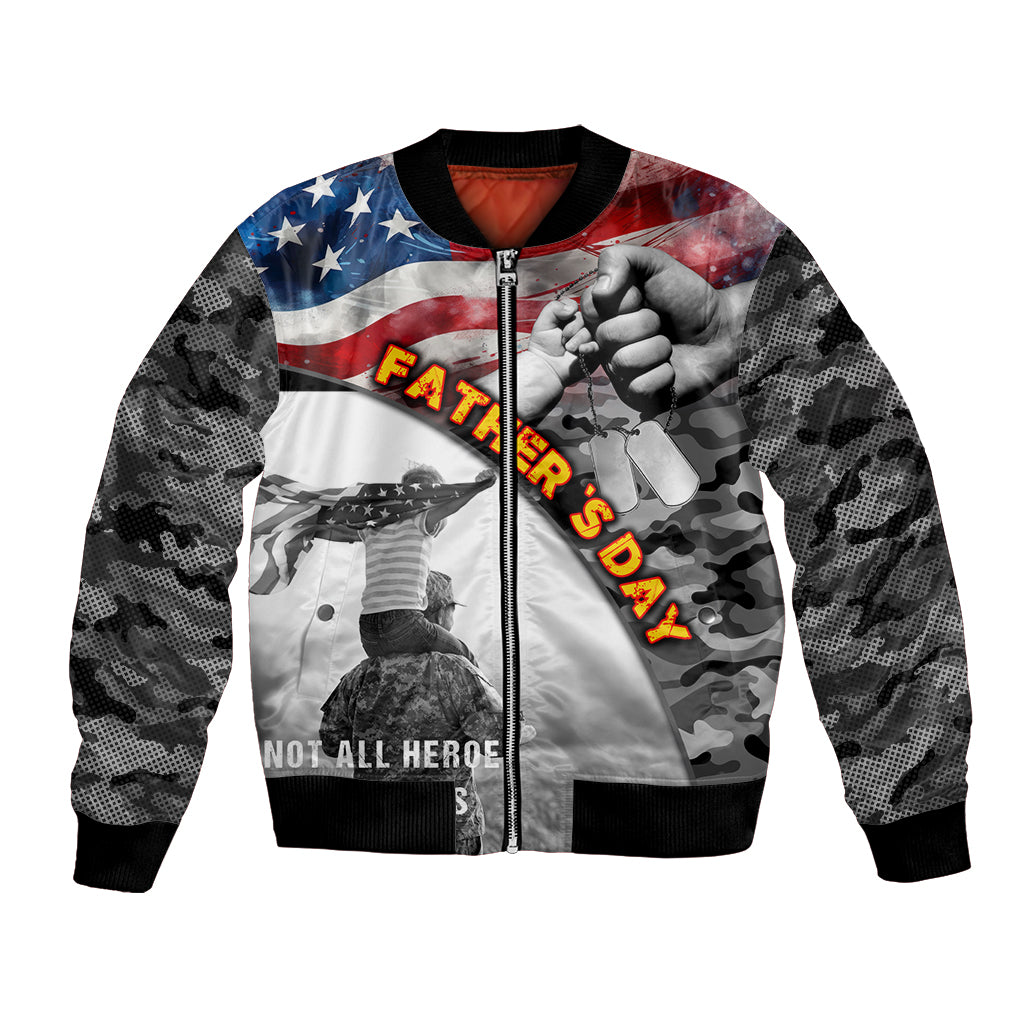 Black camo bomber jacket with American flag and Father's Day graphic, front zipper