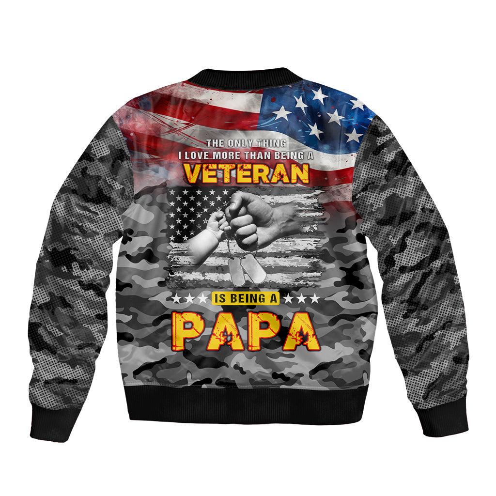 Black camo bomber jacket with American flag Veteran text and 'Papa' graphic, back view