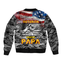 Black camo bomber jacket with American flag Veteran text and 'Papa' graphic, back view