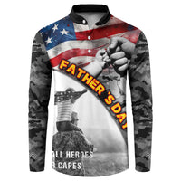 Men's black button sweatshirt with American flag fist graphic and Father text diagonal