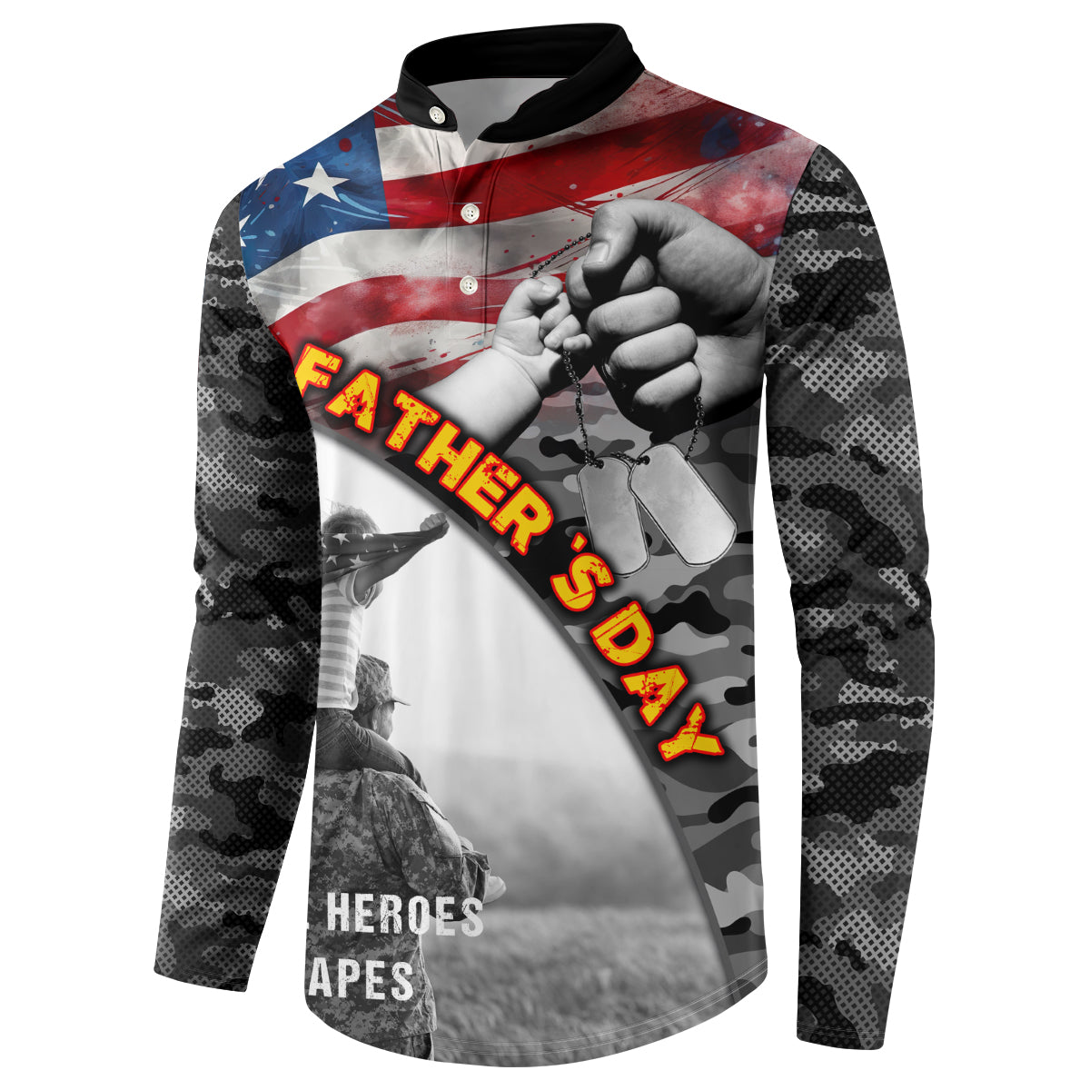 Men's black button sweatshirt with American flag fist graphic and diagonal Father text
