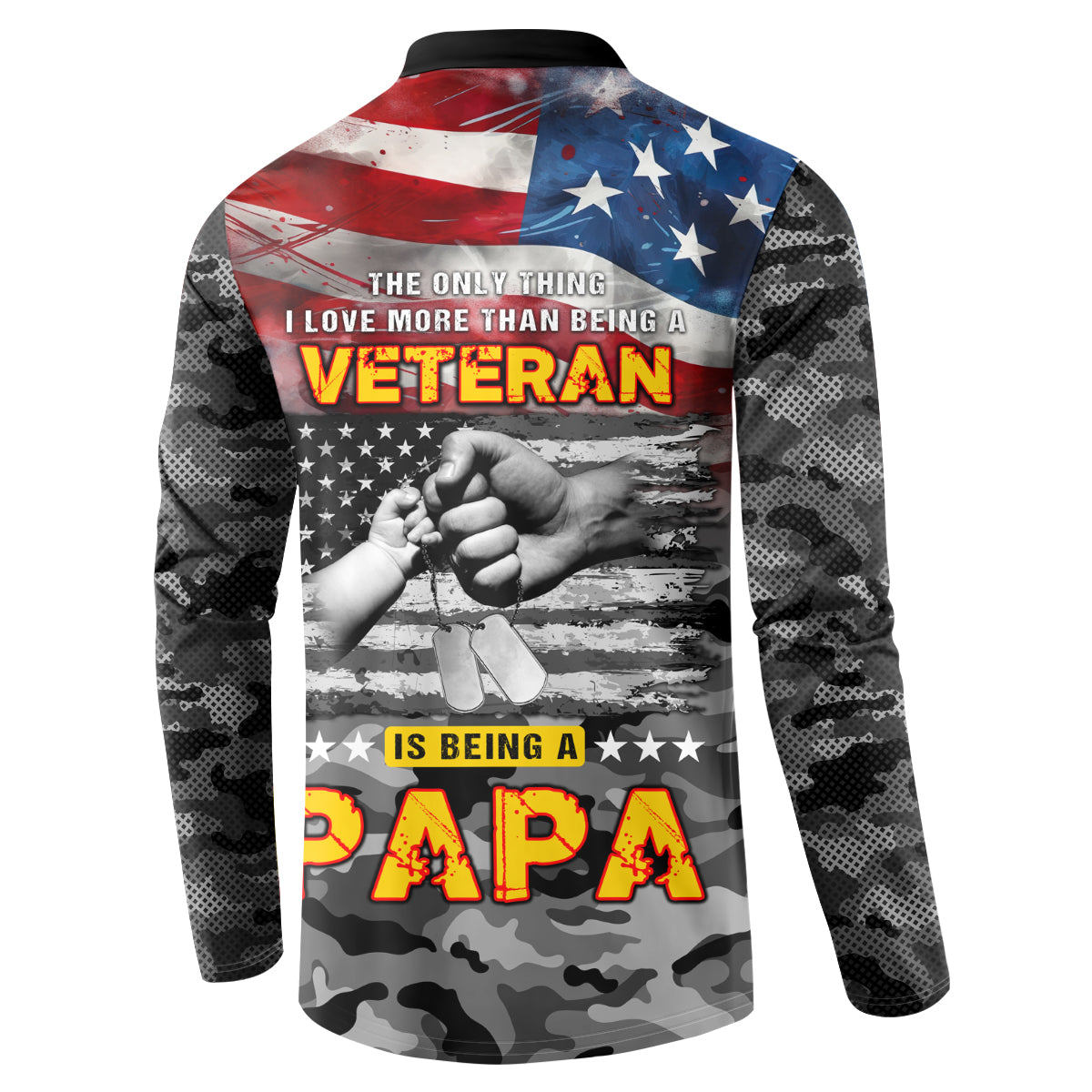 Men's black button sweatshirt, back print reads VETERAN and PAPA with American flag