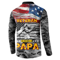 Men's black button sweatshirt, back print reads VETERAN and PAPA with American flag