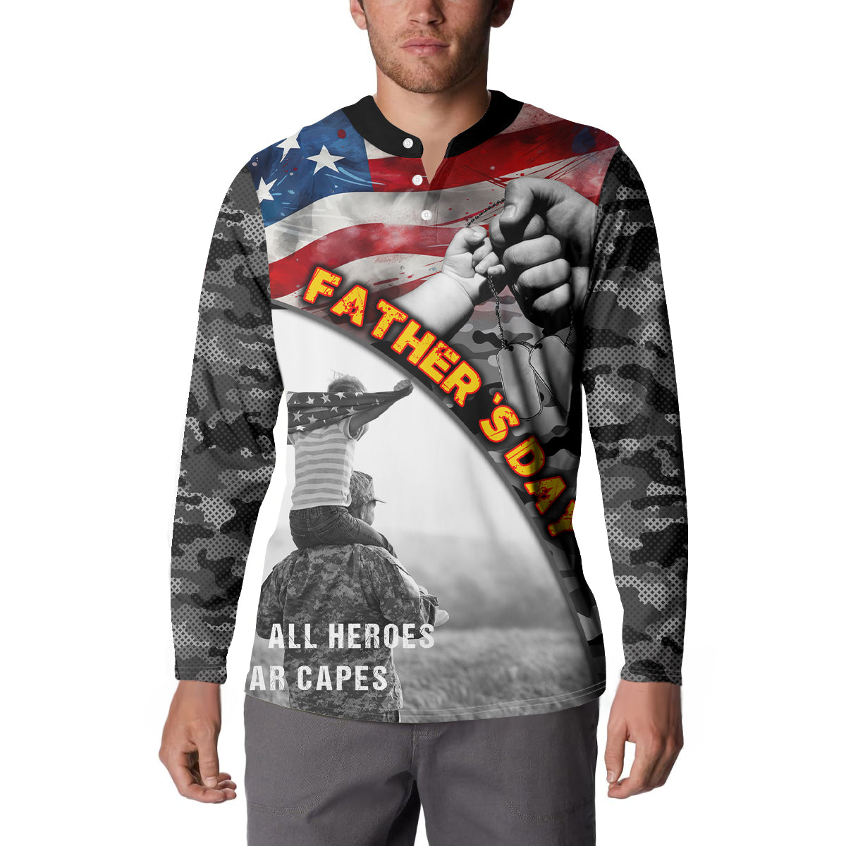 Men's black button sweatshirt with American flag fist graphic, camo sleeves