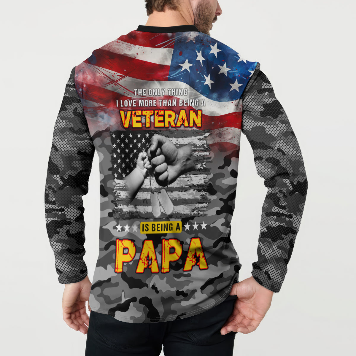 Men's black button sweatshirt, back print shows veteran papa text over American flag