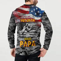 Men's black button sweatshirt, back print shows veteran papa text over American flag