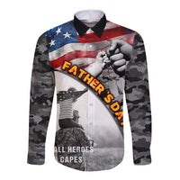 Black camouflage long sleeve button shirt with American flag and hero hands graphic