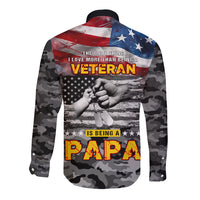 Black camouflage long sleeve button shirt with American flag and veteran Papa graphic