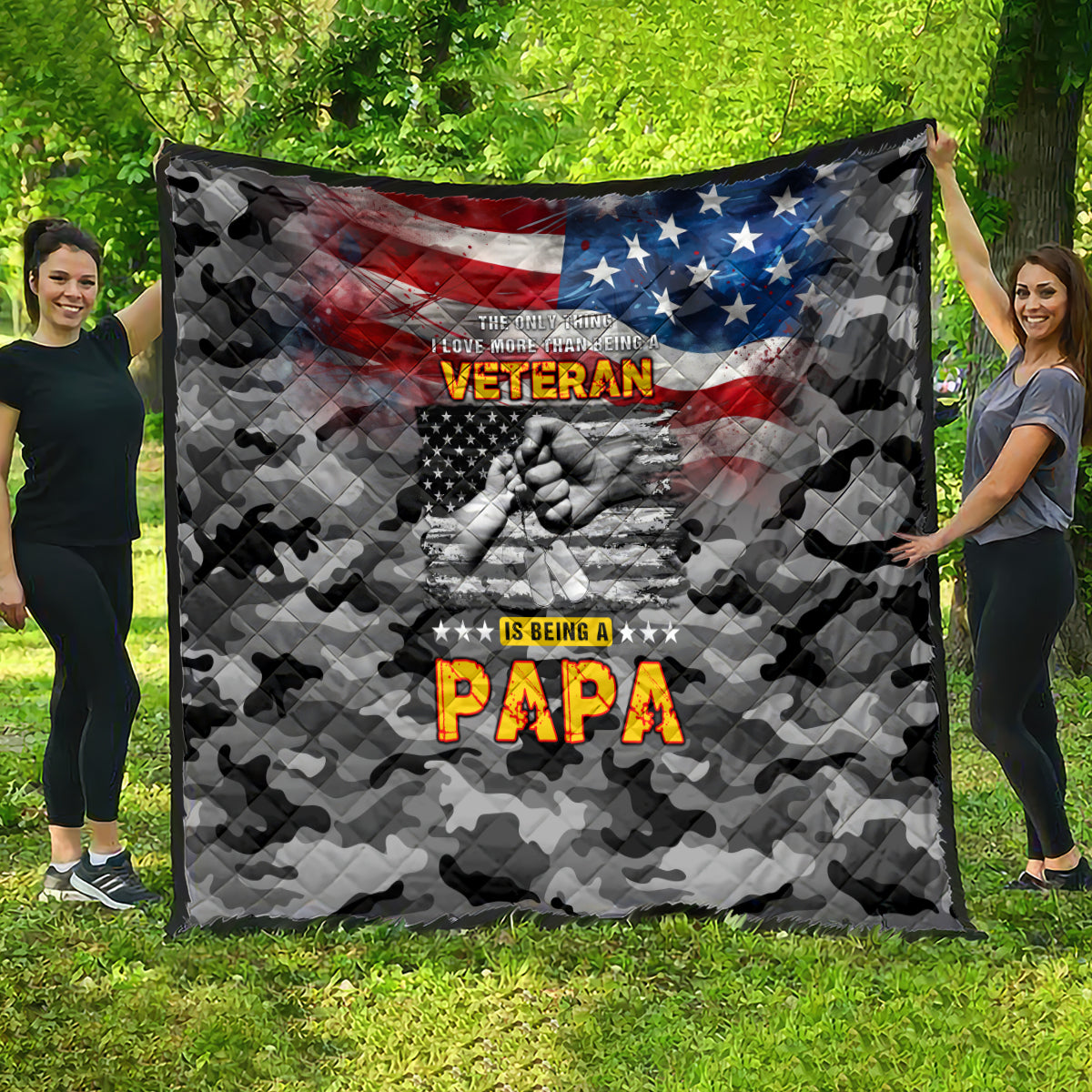 Black camo quilt with American flag graphic, veteran photo motif, and “Papa” text