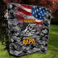 Black camo patriotic quilt with American flag, “Veteran” text, and “Papa” headline