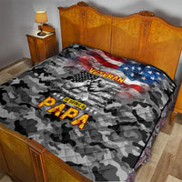 Black camo quilt on a bed with American flag, veteran photo motif, and “Papa”