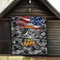Black camo quilt display featuring American flag, “Veteran” and “Papa” lettering