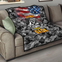 Black camo veteran-themed quilt with American flag and “Veteran” and “Papa” text