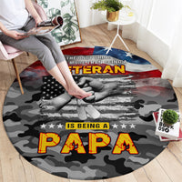 Round camouflage carpet rug with American flag and PAPA text over veteran hands graphic