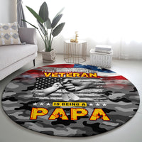 Round veteran American flag rug with camouflage pattern and PAPA headline